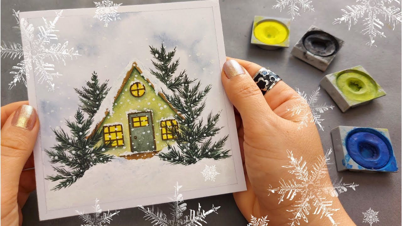 Easy drawing of a cottage in winter with watercolors/tutorial to draw a snowy landscape