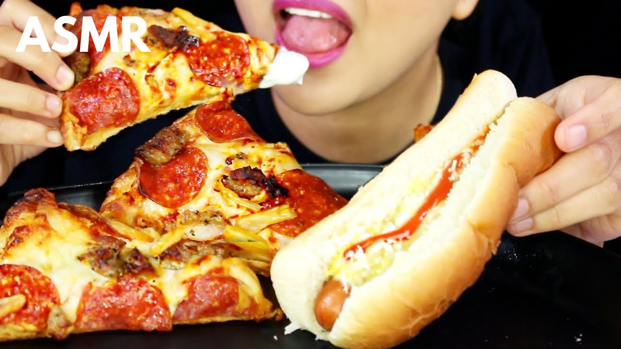 ASMR Jollibee Jolly Hot Dog Copycat and Domino's Pizza EATING SOUND MUKBANG