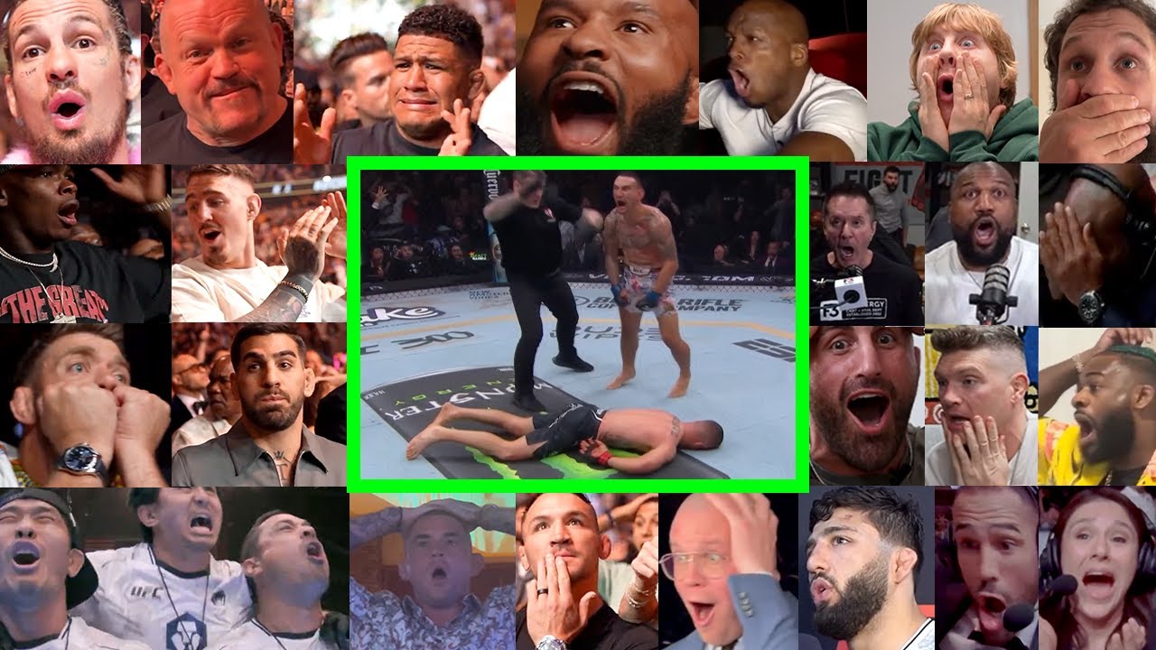 100 FIGHTERS REACT to Max Holloway vs Justin Gaethje KO | UFC 300 | BMF | FINAL SECOND KNOCKOUT