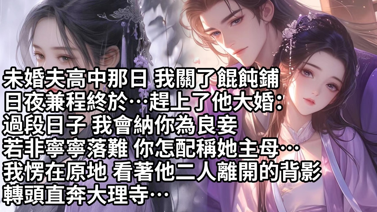 【一口氣看完】未婚夫高中那日 我關了餛飩鋪，日夜兼程終於…趕上了他大婚：過段日子 我會納你為良妾，若非寧寧落難 你怎配稱她主母…我愣在原地 看著他二人離開的背影，轉頭直奔大理寺…【大女主】【甜文】