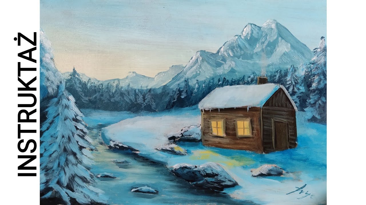 Pejzaż zimowy z domkiem❄️🏔️ - jak namalować pejzaż zimowy farbami akrylowymi INSTRUKTAŻ