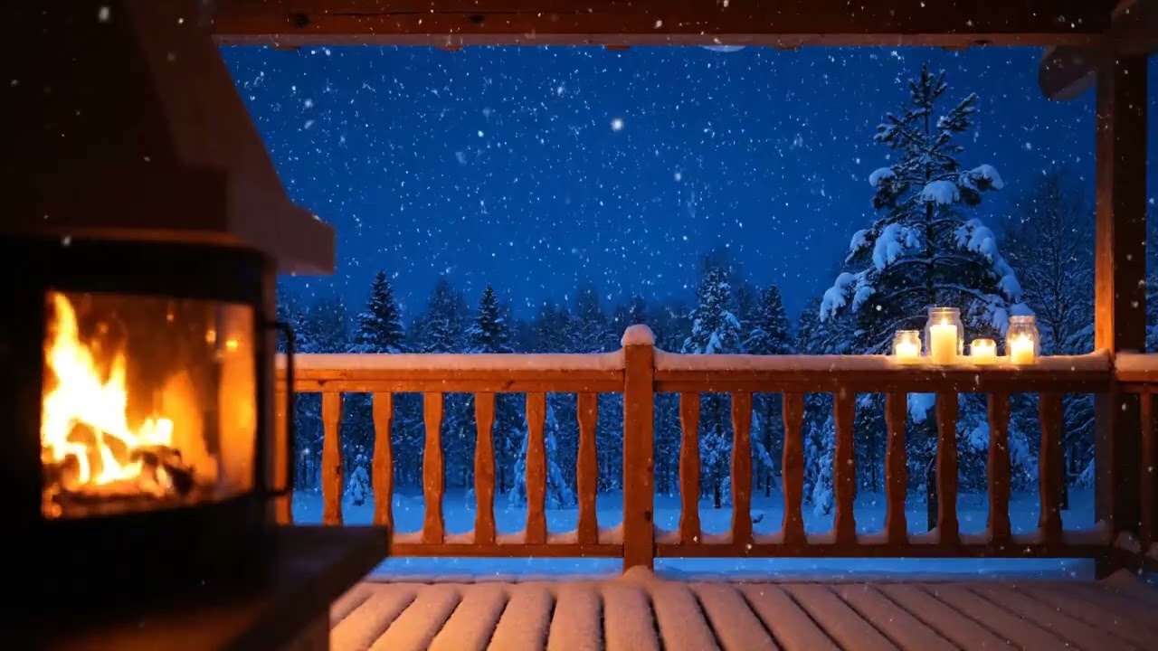 Cozy Winter Jazz & Crackling Fireplace Sounds ~ Relaxing Snowfall Cabin Ambience