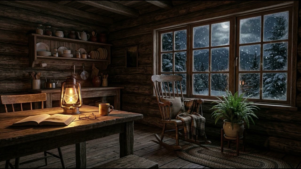 Winter Cabin Deep Calm – Warm Lantern Glow, Falling Snow & Peaceful Winter Stillness