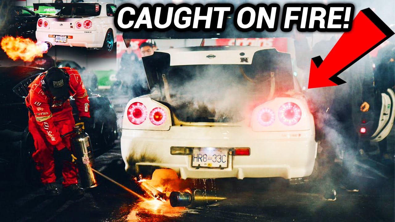 RARE R34 GTR CATCHES FIRE IN 2-STEP BATTLE!!!
