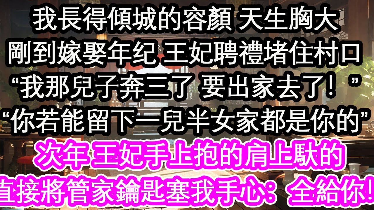 我長得傾城的容顏 天生胸大剛到嫁娶年紀王妃聘禮堵住村口“我那兒子奔三了 要出家去了！”“你若能留下一兒半女家都是你的”次年 王妃手上抱的肩上馱的直接將管家鑰匙塞我手心：全給你！【花開】【愛情】【生活】