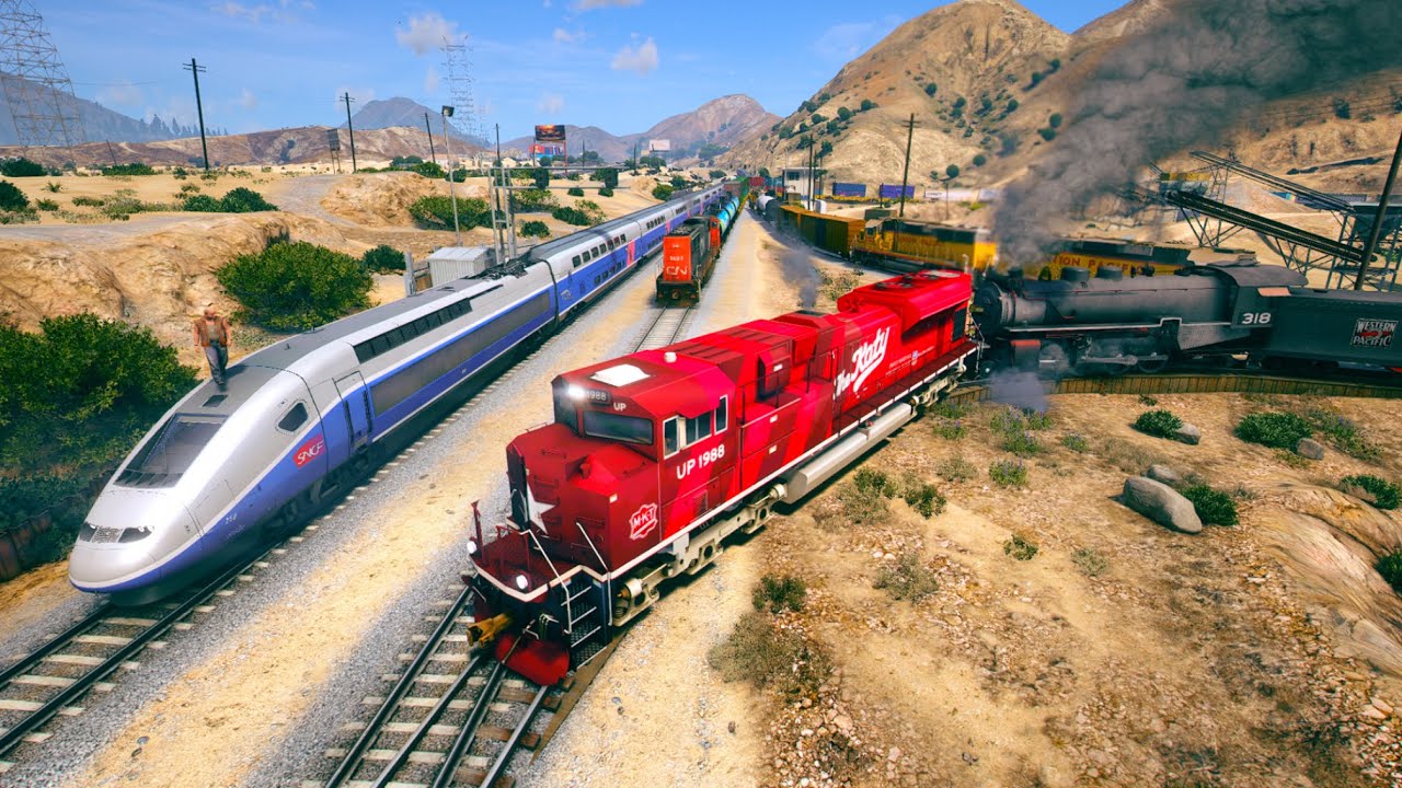 THE KATY train meets SHINKANSEN and TGV with 2 Trains 2 Tracks! - Grand Theft Auto V