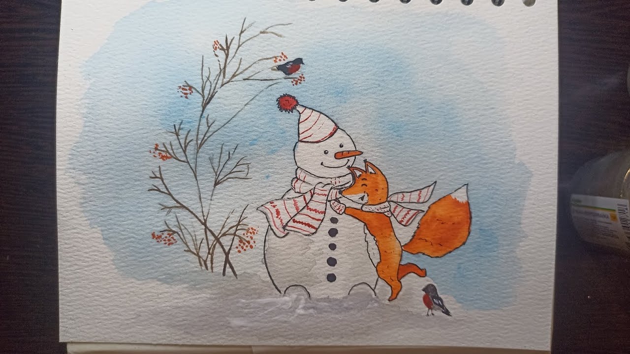 Рисунок акварелью / Снеговик и лисёнок