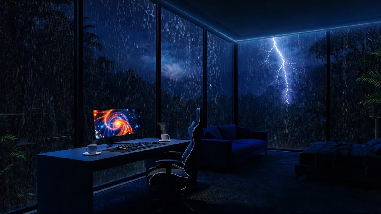 Rain & Thunder in Forest Cabin with Foggy Forest Outside for Total Relaxation