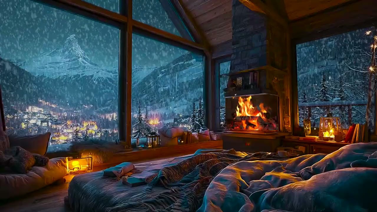 Quiet Winter Cabin Evening with Gentle Snowfall and Warm Fireplace Sounds for Deep Rest & Sleep
