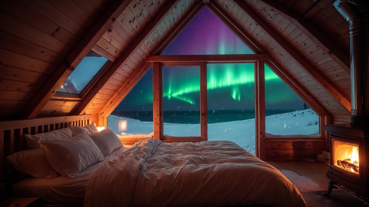 Fall Asleep Fast Aurora Borealis Over Starry Ocean from Cozy Seaside Cabin ❄️ 432Hz Sleep 8 Hours