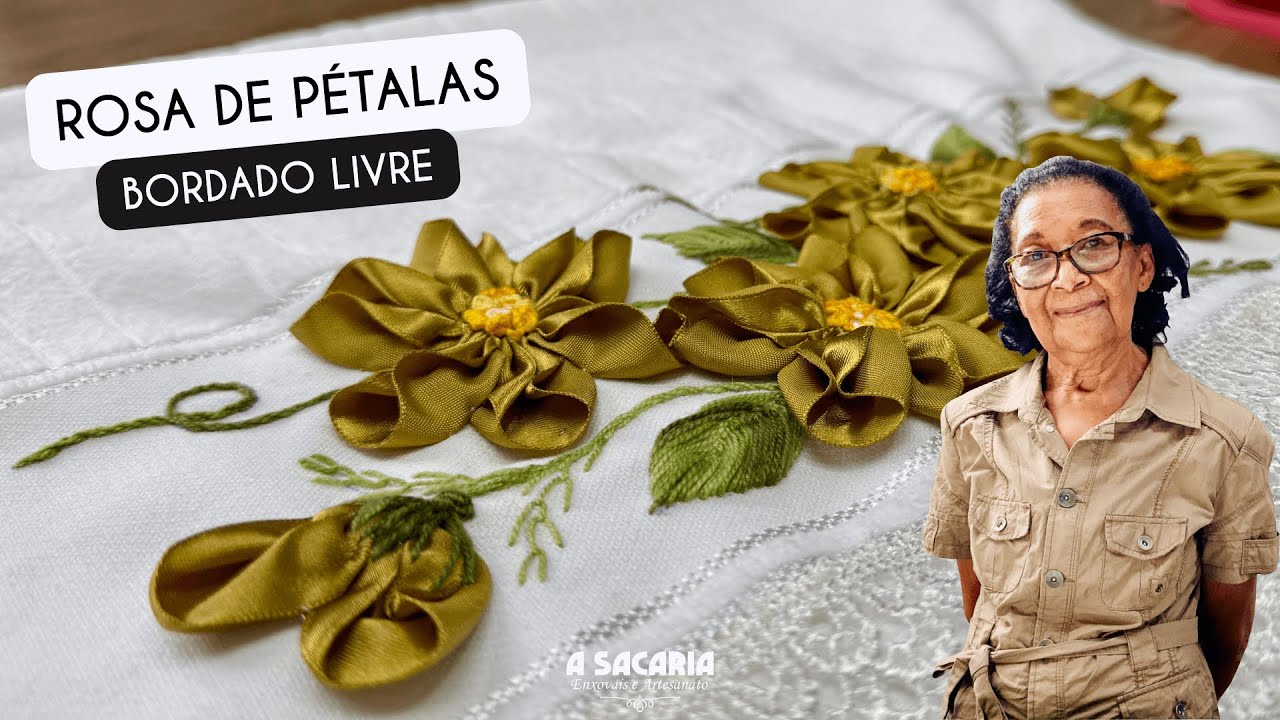 BORDADO LIVRE ROSA DE PETALAS COM FITA - ENEDINA BARBOSA