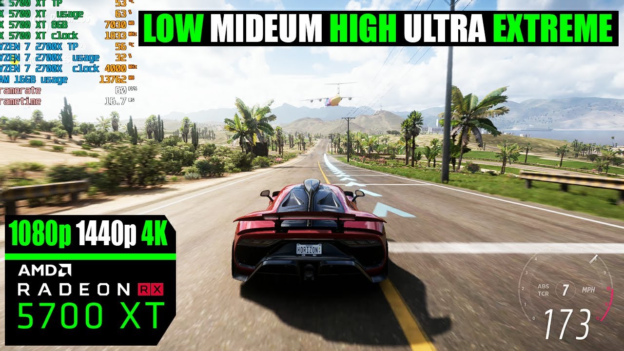 RX 5700 XT | Forza Horizon 5 - 1080p, 1440p, 4K - LOW, MIDEUM, HIGH, ULTRA ,EXTREME