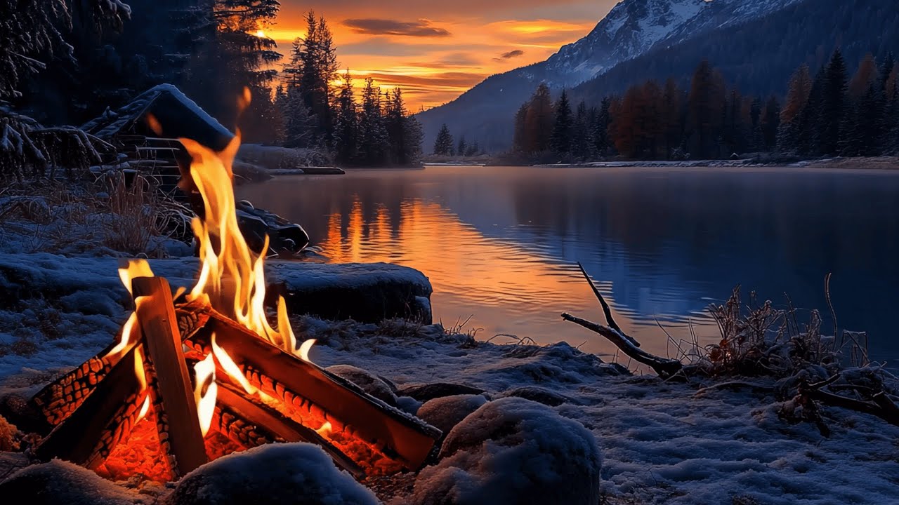 A Cozy Winter Evening 4K🌙❄️ Lake Campfire ASMR Ambience to Fall Asleep Fast