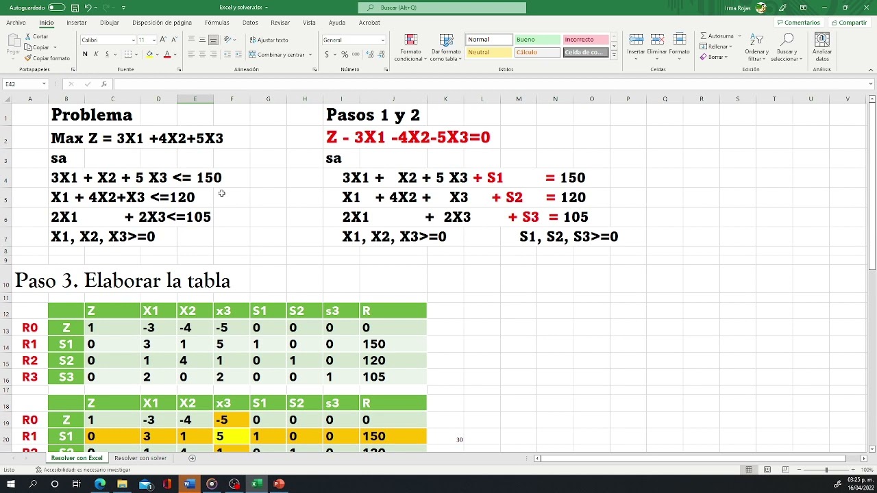 Problema de maximización utilizando el método Simplex, resuelto con Excel y Solver