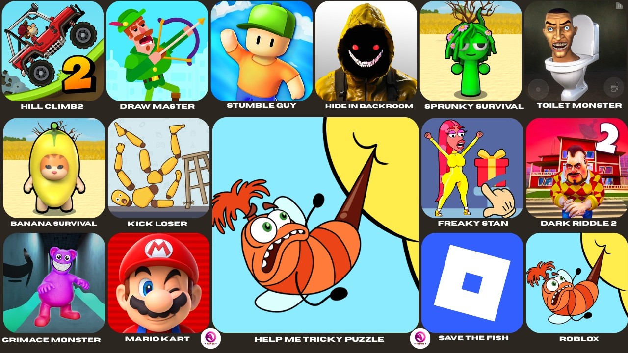 Help Me Tricky Puzzle,Roblox,Grimace Monster Scary Survival,Freaky stan,Hill Climb2,Minecraft