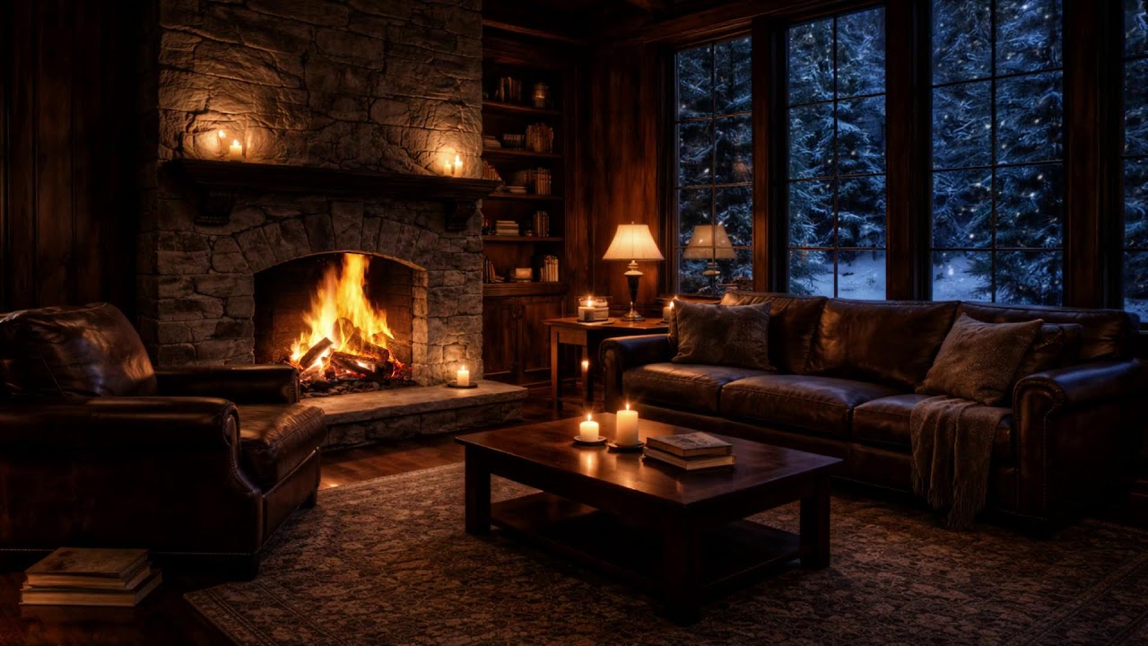 🔥 No Ads — Quiet Snowy Lodge Living Room 🔥 Slow Burning Fireplace & Candle Ambience