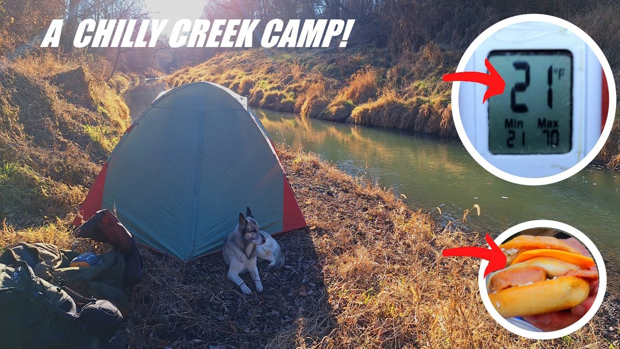 Urban creek camp with my dog on a cold night