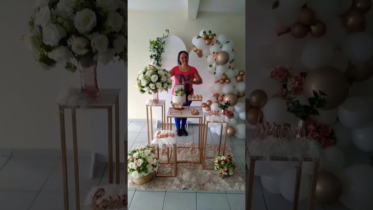 Do Sonho &agrave; Realidade 👰🤵 Decora&ccedil;&atilde;o Perfeita para Noivado e Casamento Mesa do Bolo e Arco de Bal&otilde;es