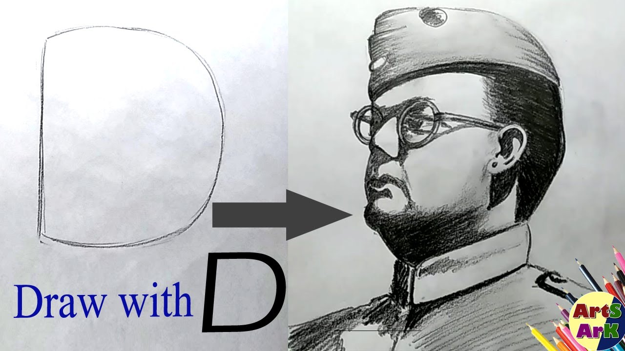 Draw Netaji with D | Netaji Drawing easiest steps | Subhash Chandra Bose easy drawing for beginners