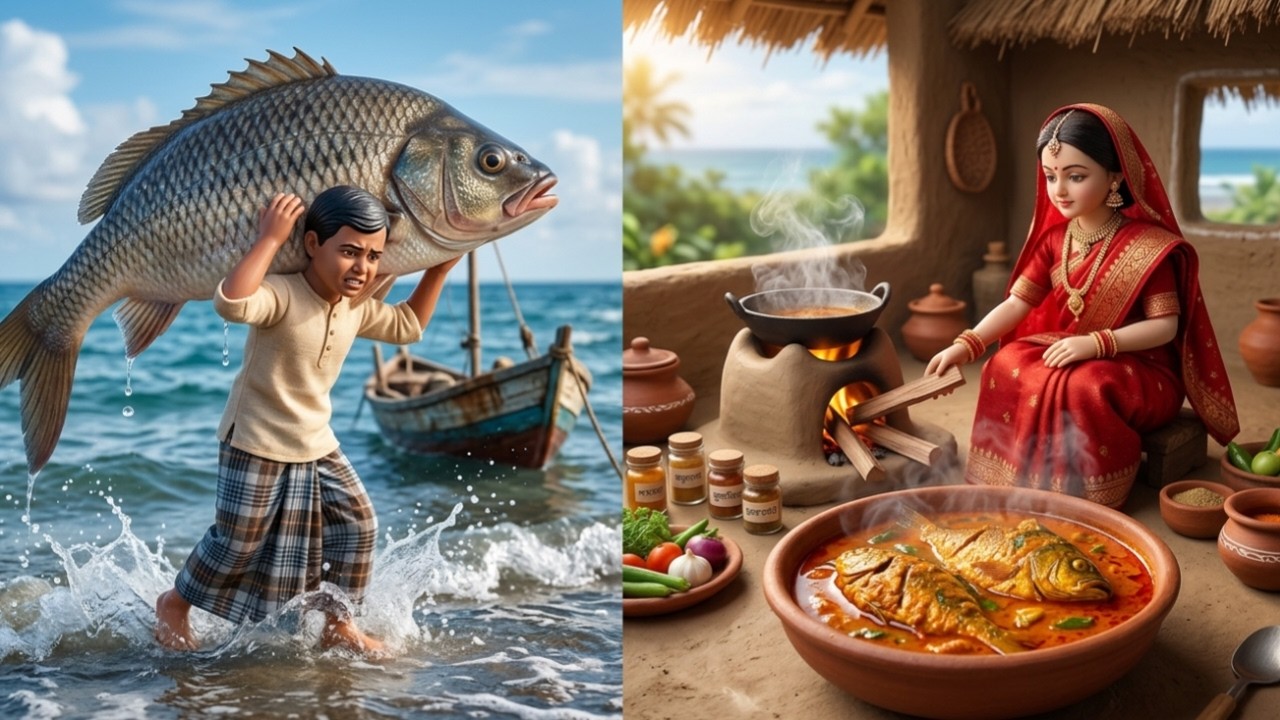 Miniature Doll Monster Sea Fish Cooking ASMR | Indian Village Tiny Kitchen Story