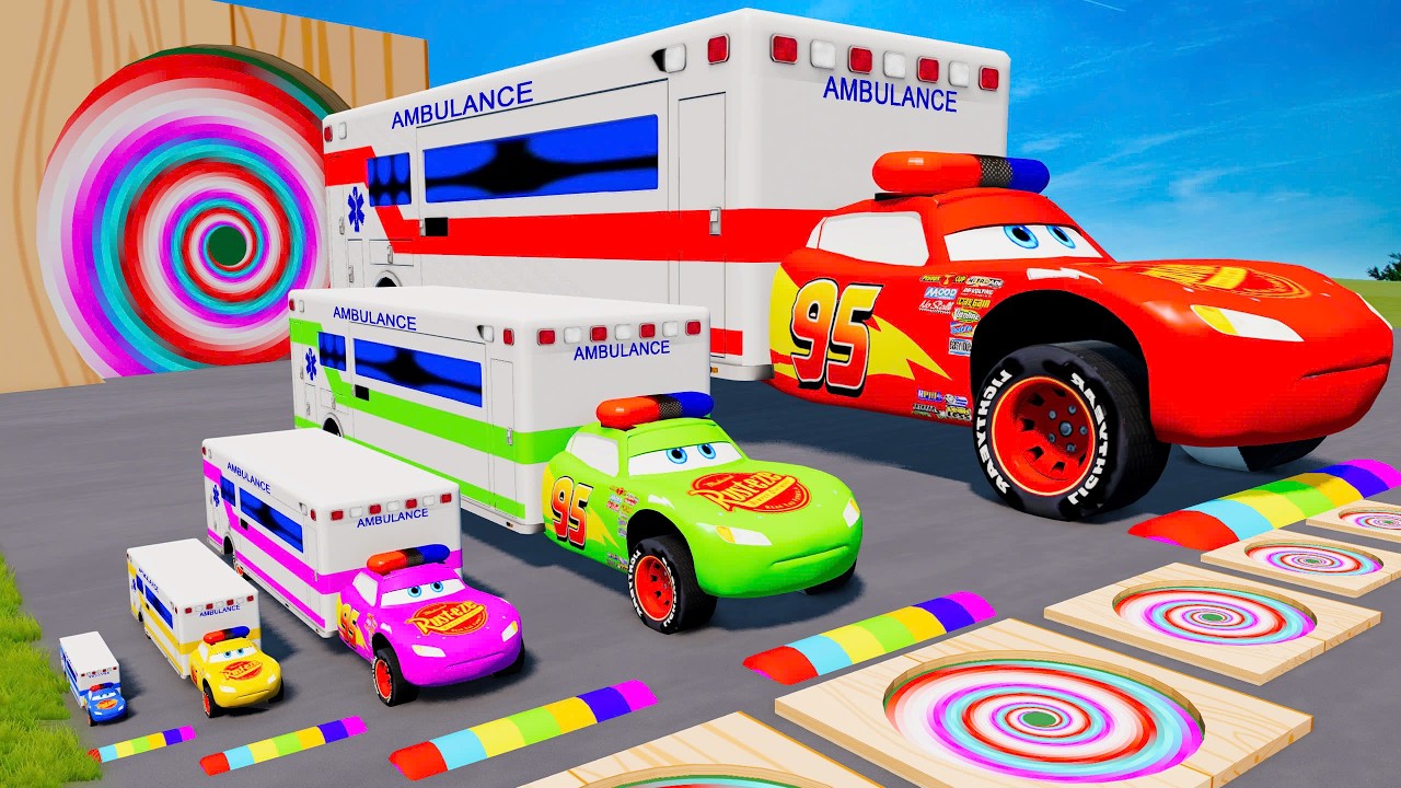 Long Cars vs Slide Color - Big & Small Long Ambulance McQueen with Train Thomas - BeamNG.drive