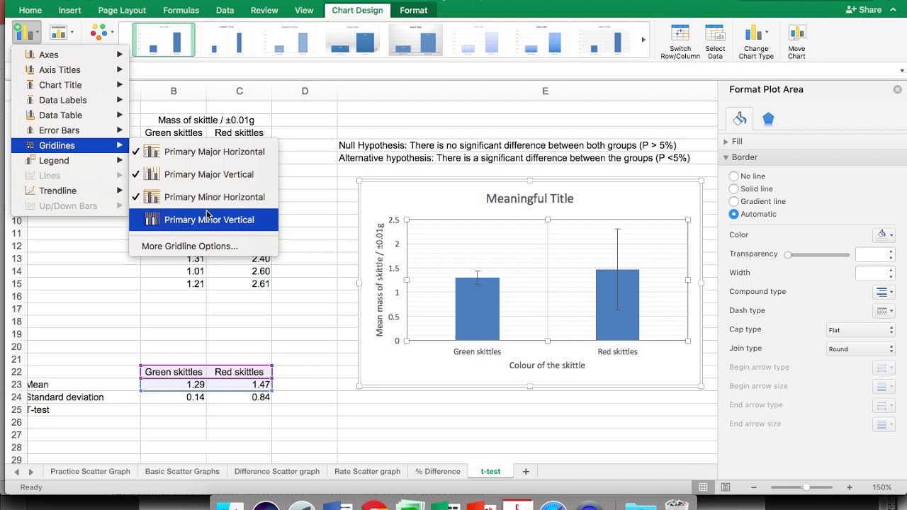 Column graphs and T tests using Excel