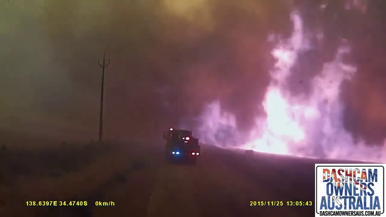 2015 Pinery Fire S.A - Fire trucks overrun by flames and go into burnover mode.