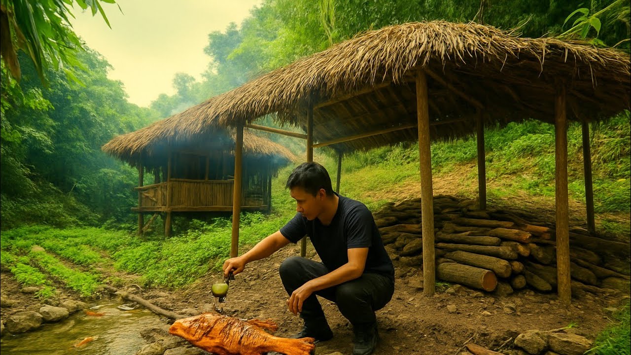 full video build foundation, build stone stove, go into the forest to find food, close to nature