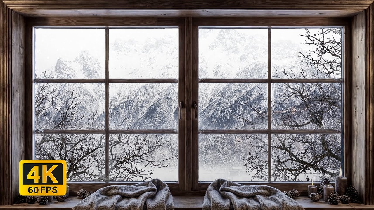 4K Alpine Lake Cabin Winter View - Snow & Mountain Ambience in the Bavarian Alps