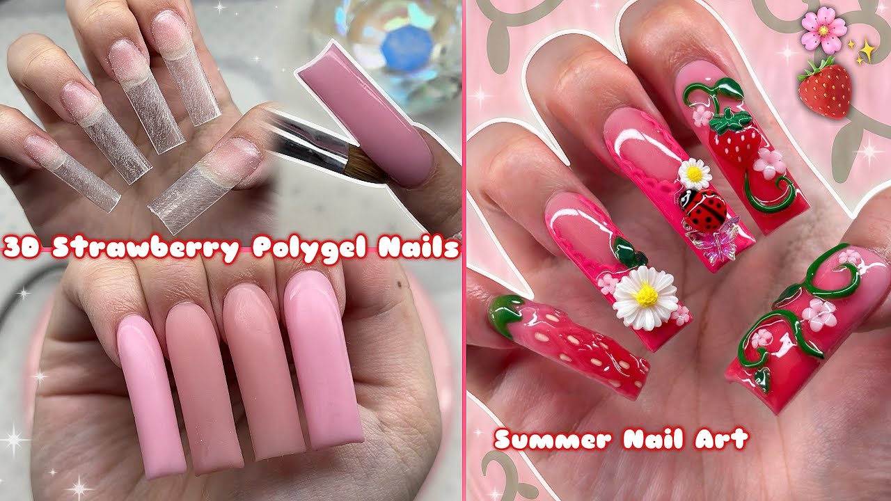 3D STRAWBERRY POLYGEL NAILS🍓 3D STRAWBERRY NAIL ART & SUMMER NAIL DESIGN | Nail Tutorial