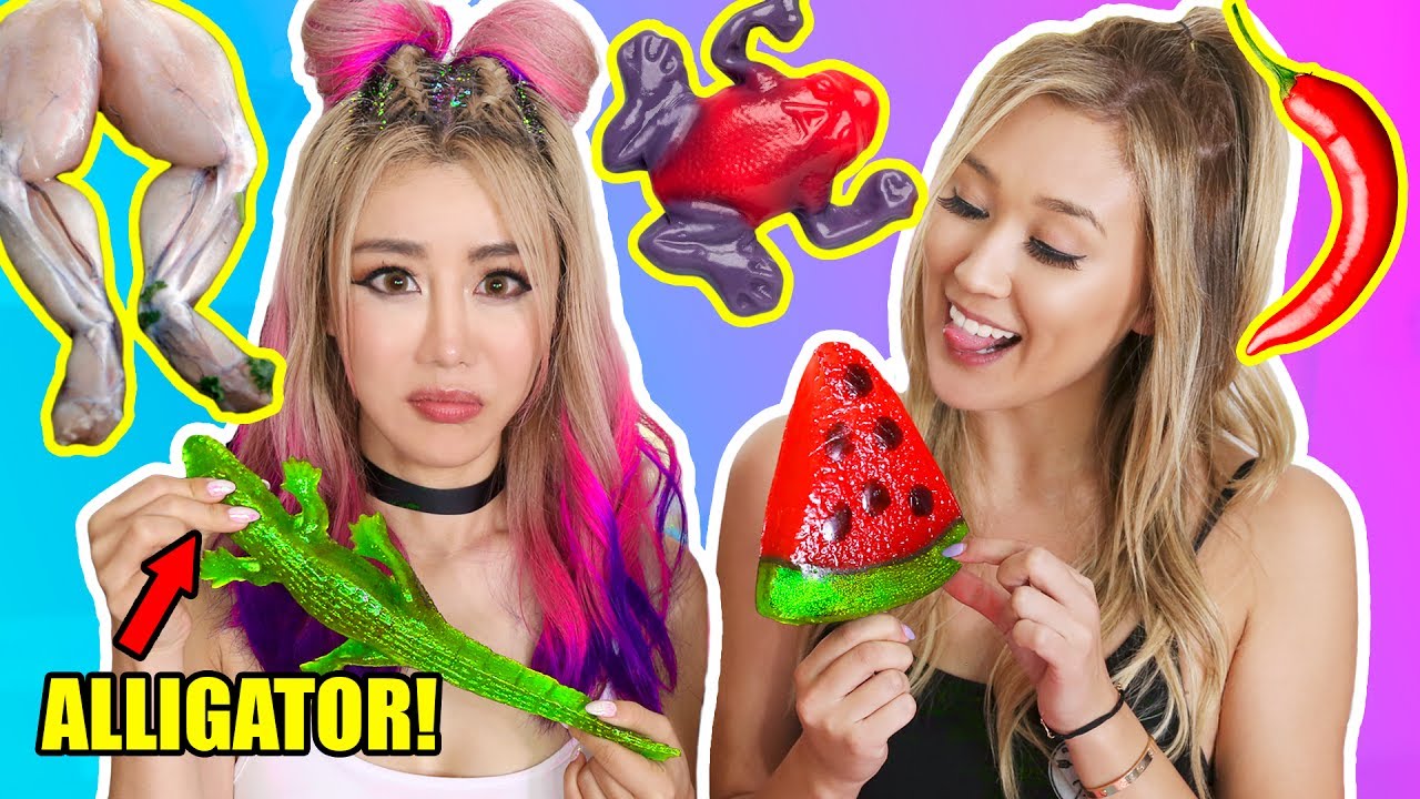 GUMMY FOOD VS REAL FOOD! Challenge with LaurDIY & Alex Wassabi! Eating Gross Giant Frogs, Alligators