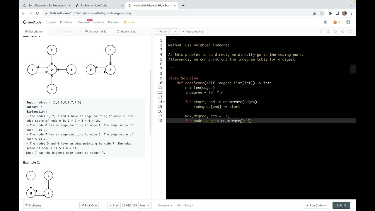 leetcode 2374. Node With Highest Edge Score - weighted in-degree