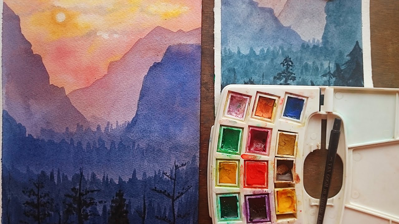 تعلم الرسم: كيف ترسم منظر طبيعي بسيط بالالوان المائية ~ منظر غروب و جبال و اشجار