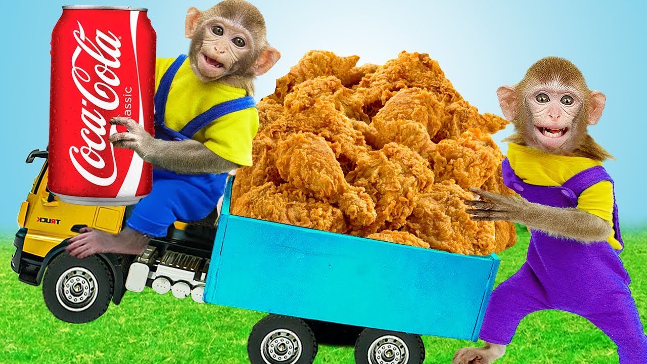 Baby Monkey Kiki go HARVEST Fast Food and Coke   Monkey Baby Challenges