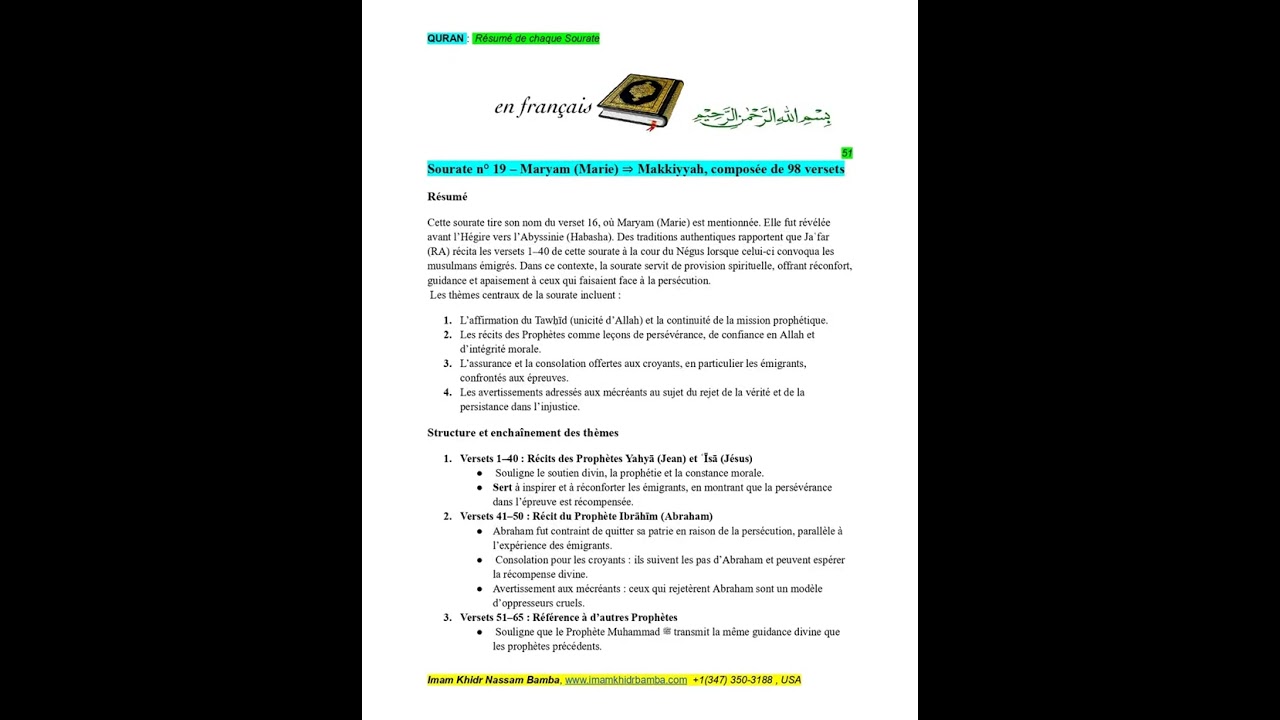 FRANCAIS_QURAN_Résume de chaque Sourah_Sourah#19  MARIAM Imam Khidr Bamba www.imamkhidrbamba.com