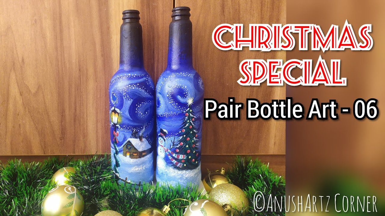 Pair Bottle Art-06|🎄❄️Christmas Special Series-2☃️🎅|Bottle Art using Acrylic Colours|Bottle Painting