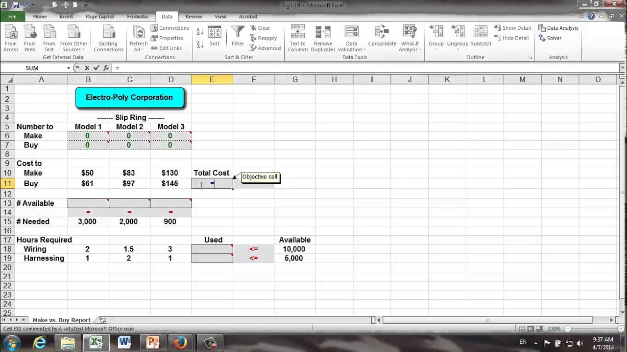 Linear Programming with Solver in Excel_Make vs Buy Example