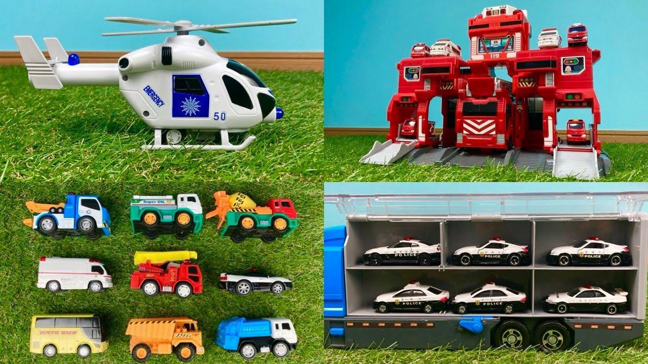【はたらくくるま 16分🚒】消防車 パトカー ヘリコプター🚁 大活躍！Fire truck Police car Helicopter 🚁 Great job!