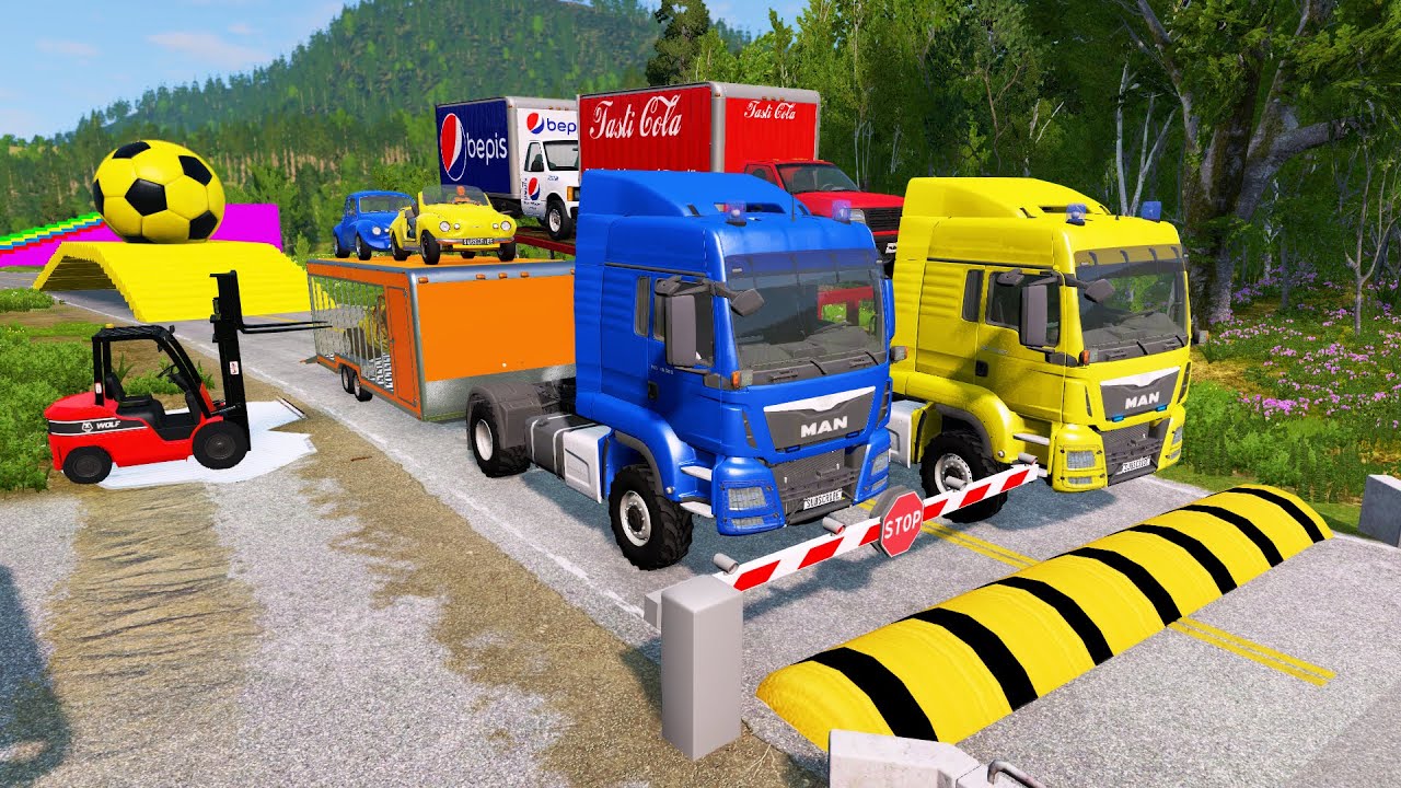 Double Flatbed Trailer Truck vs Speedbumps Train vs Cars Beamng.Drive 108