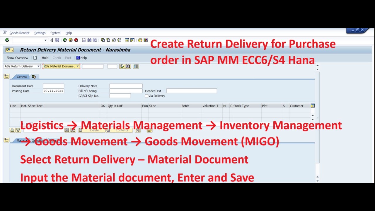 Создание возврата товара для заказа на закупку в SAP MM ECC6/S4 Hana