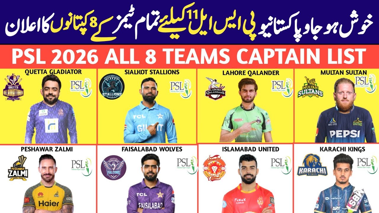 PSL 2026 All 8 Teams Captains| PSL 11 All 8 Teams New Captain List | PSL 11 All 8 Captains Name