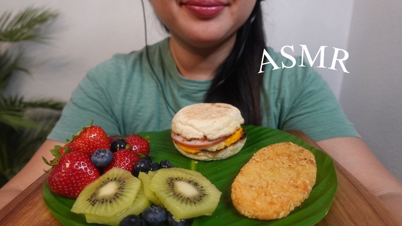 ASMR McDonald's breakfast sandwich with fruits and hash brown *eating sound (No talking)