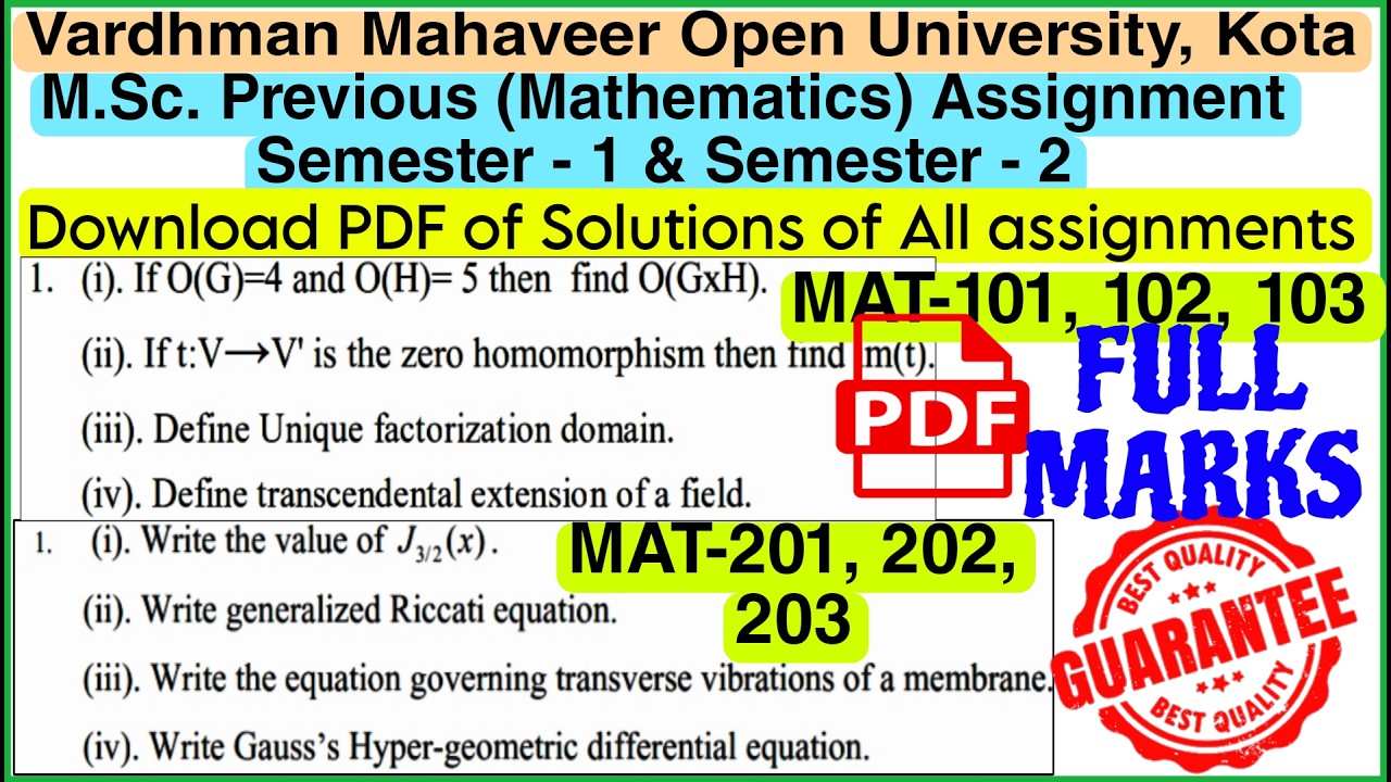 VMOU MSc Maths Assignment Solution Pdf Semester 1 Semester 2 Download Vmou previous maths assignment