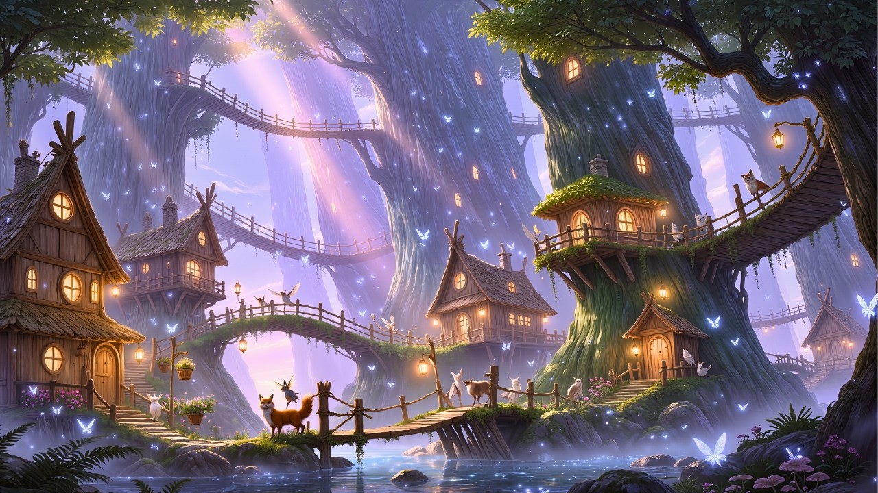 Cozy Treehouse Village Ambience 🌿 Peaceful Forest Sounds for Sleep, Study & Relax (3 Hours)