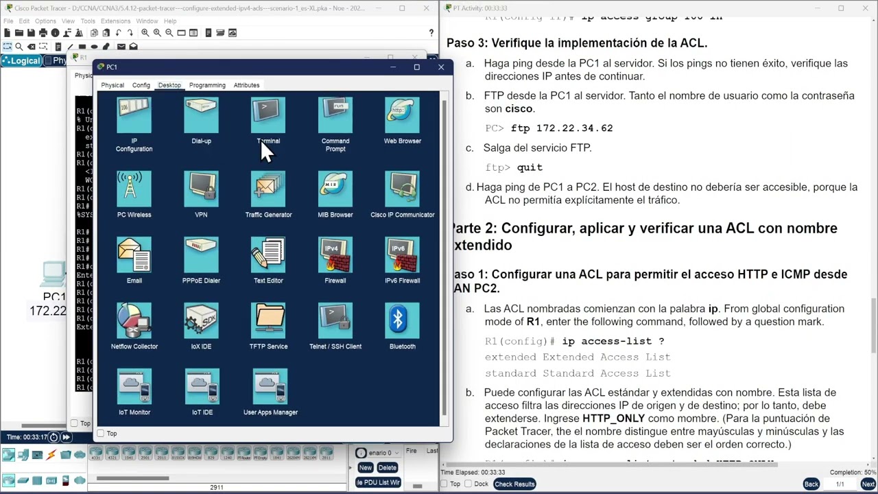 CCNA3 - 5.4.12 Configurar ACL Extendida Numerada y Nombrada - Escenario 1