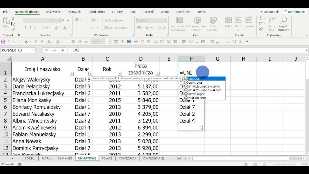 Excel 365 - funkcja UNIKATOWE