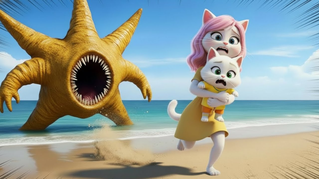 😱🐱 The Kitten and Mama Cat Escape the Giant Starfish in a Heart-Stopping Moment! ⭐🌊 | Cat Story