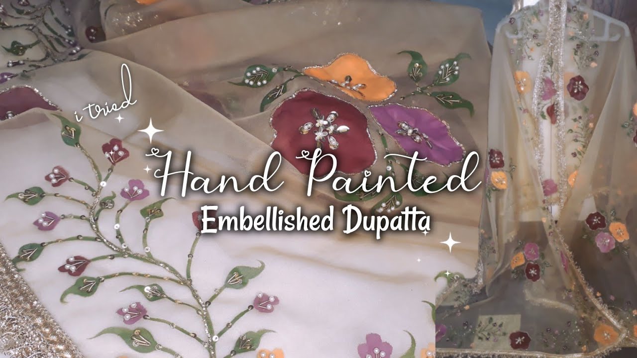 Hand painted embellished dupatta | fabric painting on organza dupatta | Designer dupatta design