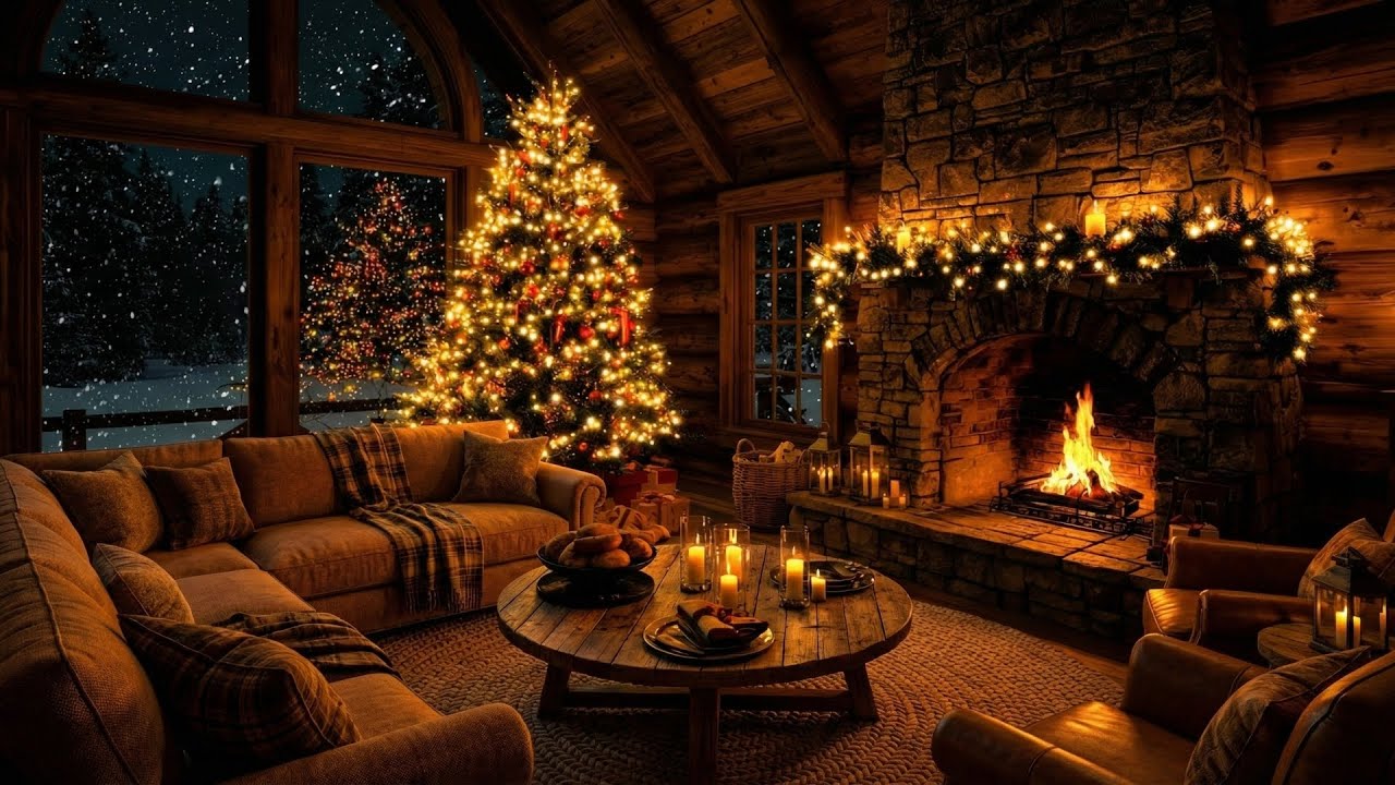 Warm Fireplace Ambience 2025 | Peaceful Piano Music with Cozy Cabin | Christmas Winter Night