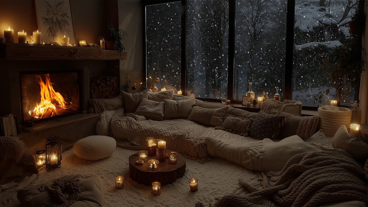 Cozy Winter Living Room with Snowfall Outside❄️Soft Piano & Warm Fireplace Ambience for Work & Focus
